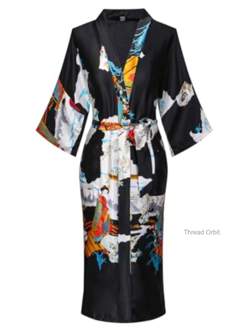 Women's Long Floral Satin Kimono Robe with Pockets